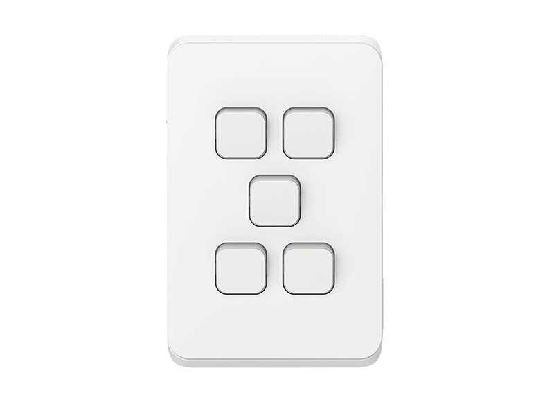 Clipsal Iconic Flush Switch, 5 Gang, Vertical Mount, 1-Way/2-Way, 250V, 10AX, Vivid White