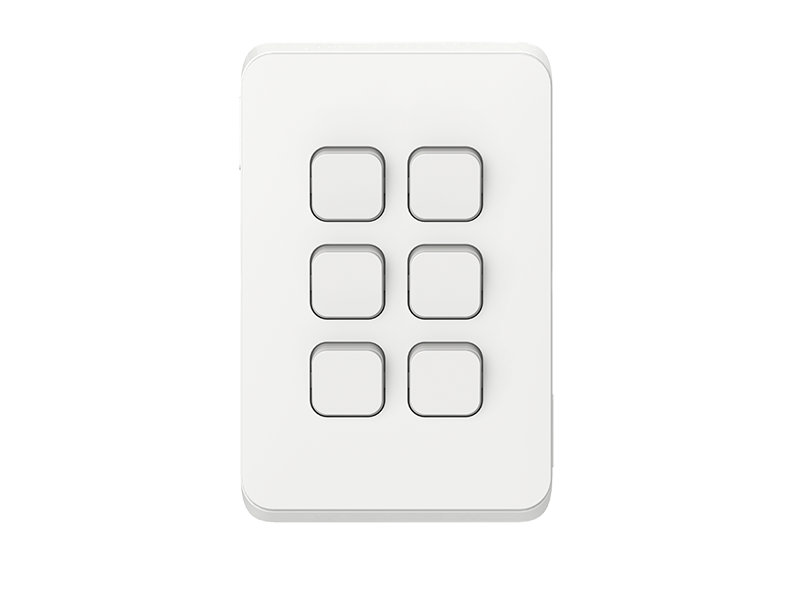 Clipsal Iconic Flush Switch, 6 Gang, Vertical Mount, 1-Way/2-Way, 250V, 10AX, Vivid White