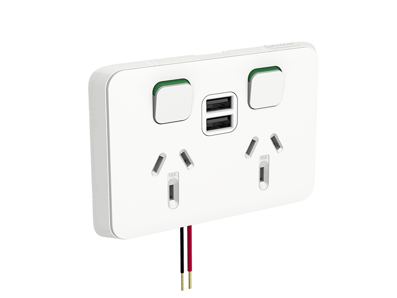 Clipsal Iconic Twin Socket Outlet, Horizontal Mount, 250V, 10A with twin USB Charger, Vivid White