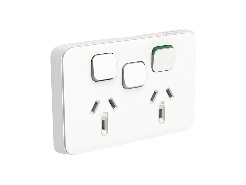 Clipsal Iconic Twin Switch Socket Outlet, Horizontal Mount, 250V, 10A with Removable Extra Switch, Vivid White