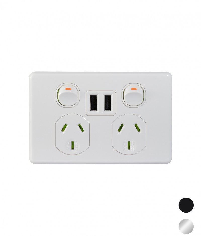 Trader Puma 10A Double Powerpoint With Fully Integrated Dual USB Charger (White)