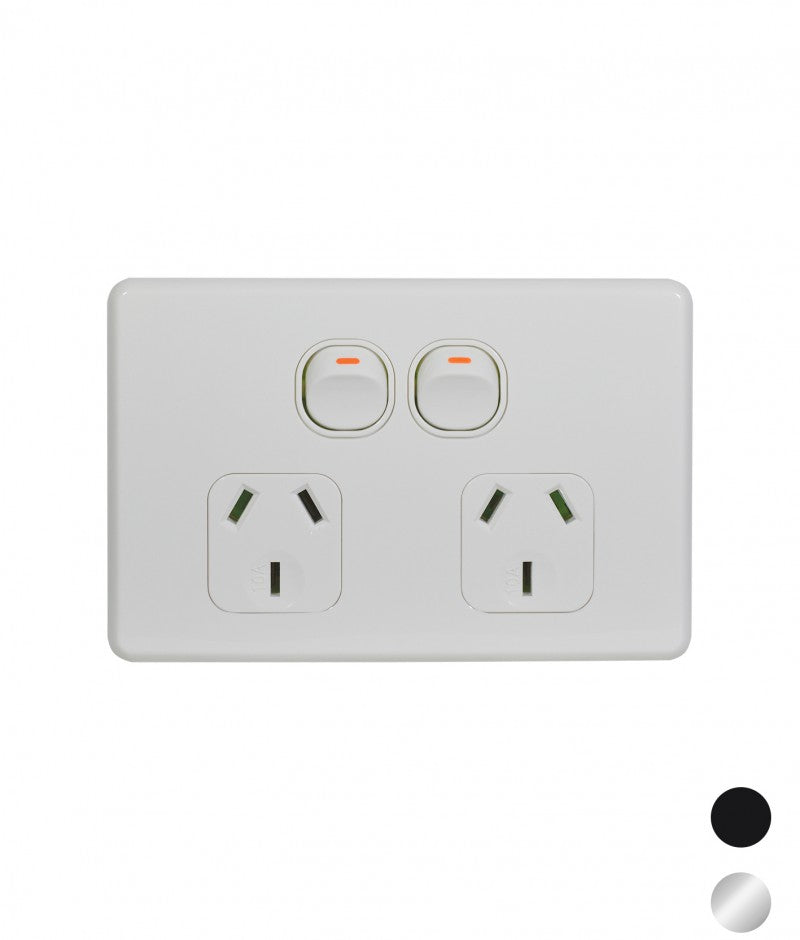 Trader Flat Cat Power Point Switched 2 Gang 10A 250V~ (White, Slimline)