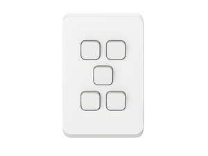 Clipsal Iconic Flush Switch, 5 Gang, Vertical Mount, 1-Way/2-Way, 250V, 10AX, Vivid White