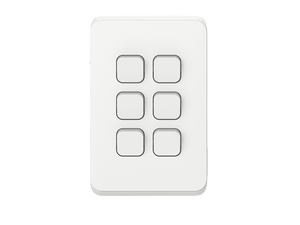 Clipsal Iconic Flush Switch, 6 Gang, Vertical Mount, 1-Way/2-Way, 250V, 10AX, Vivid White