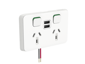 Clipsal Iconic Twin Socket Outlet, Horizontal Mount, 250V, 10A with twin USB Charger, Vivid White