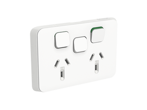 Clipsal Iconic Twin Switch Socket Outlet, Horizontal Mount, 250V, 10A with Removable Extra Switch, Vivid White
