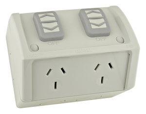 Clipsal Twin Switch Socket Outlet, 250V, 10A, Weather Proof, Standard Size, Resistant Grey